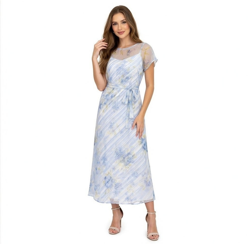 Vintage A-List by Wrapper Blue Floral Chiffon Maxi Dress 5 Sheer Overlay Tie EXC